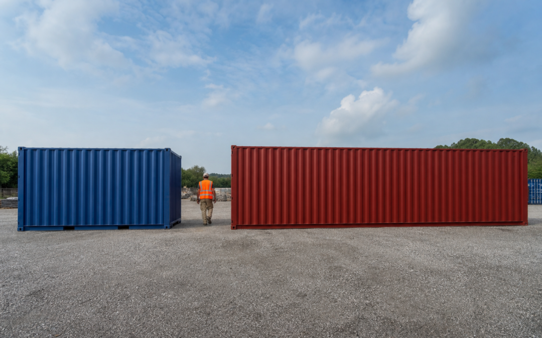 Worker walking between a 20ft blue shipping container and a 40ft red shipping container for size comparison