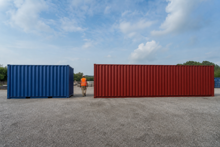 Worker walking between a 20ft blue shipping container and a 40ft red shipping container for size comparison