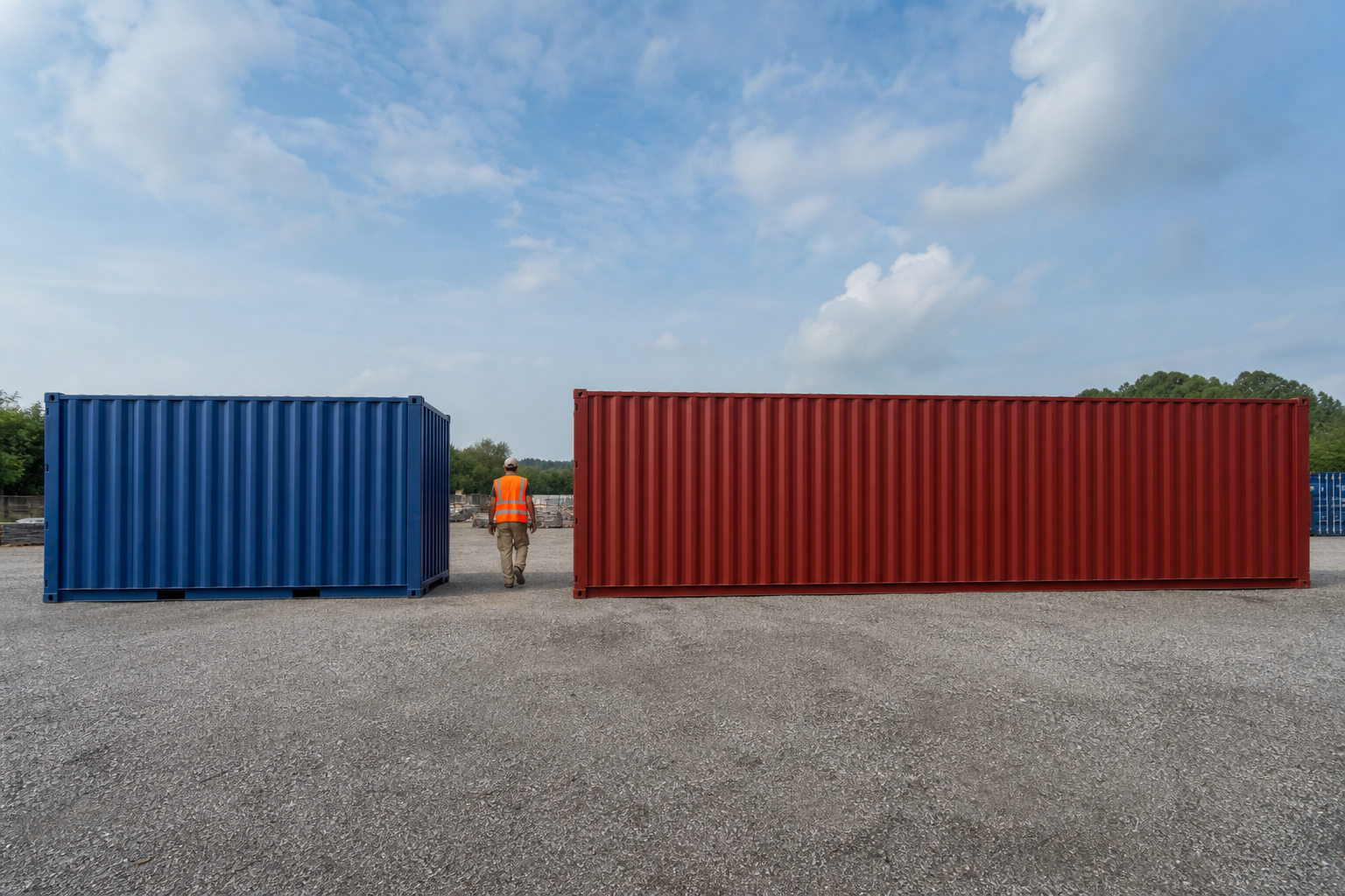 Worker walking between a 20ft blue shipping container and a 40ft red shipping container for size comparison