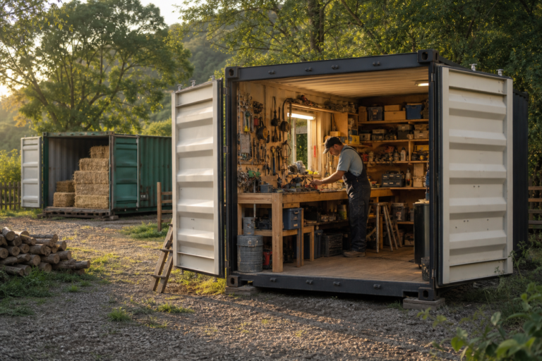 Craftsperson organizing tools inside a converted shipping container workshop