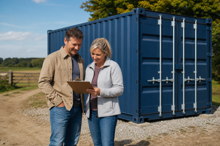 Couple standing beside a blue 20ft shipping container reviewing a clipboard together
