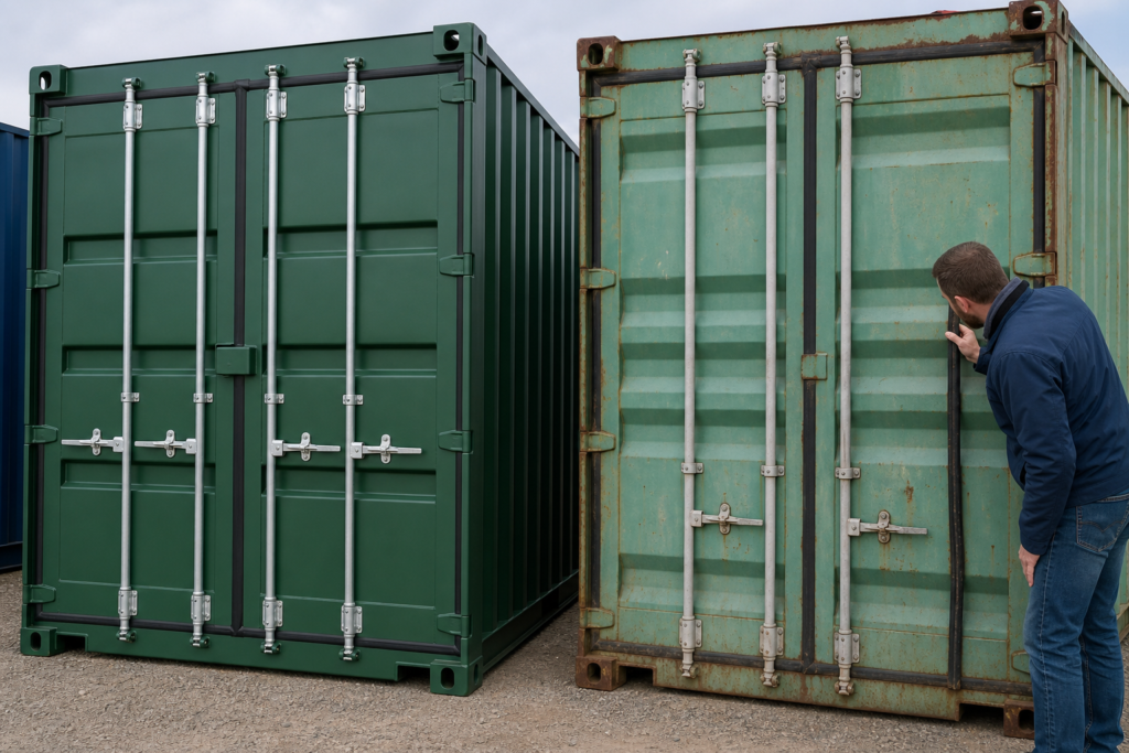 Buyer inspecting door seals on a used shipping container next to a newer unit