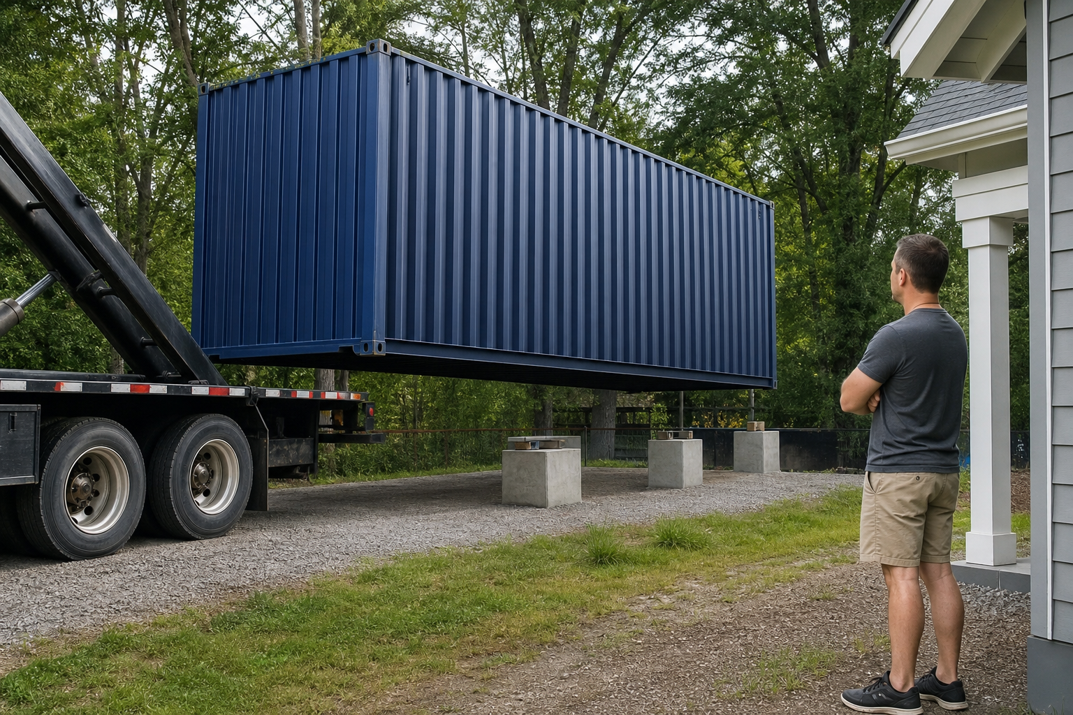 Shipping container being unloaded from a flatbed truck onto concrete blocks