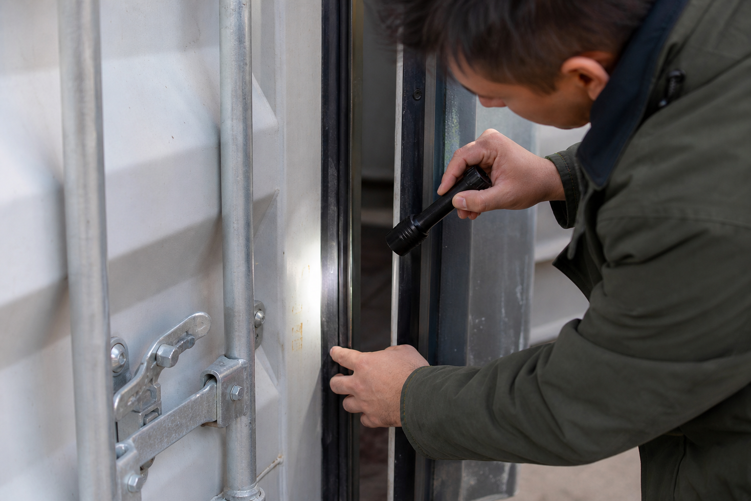 Buyer inspecting door seals on a used shipping container