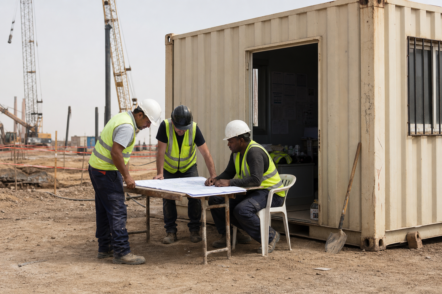 Construction workers reviewing blueprints outside a shipping container site office