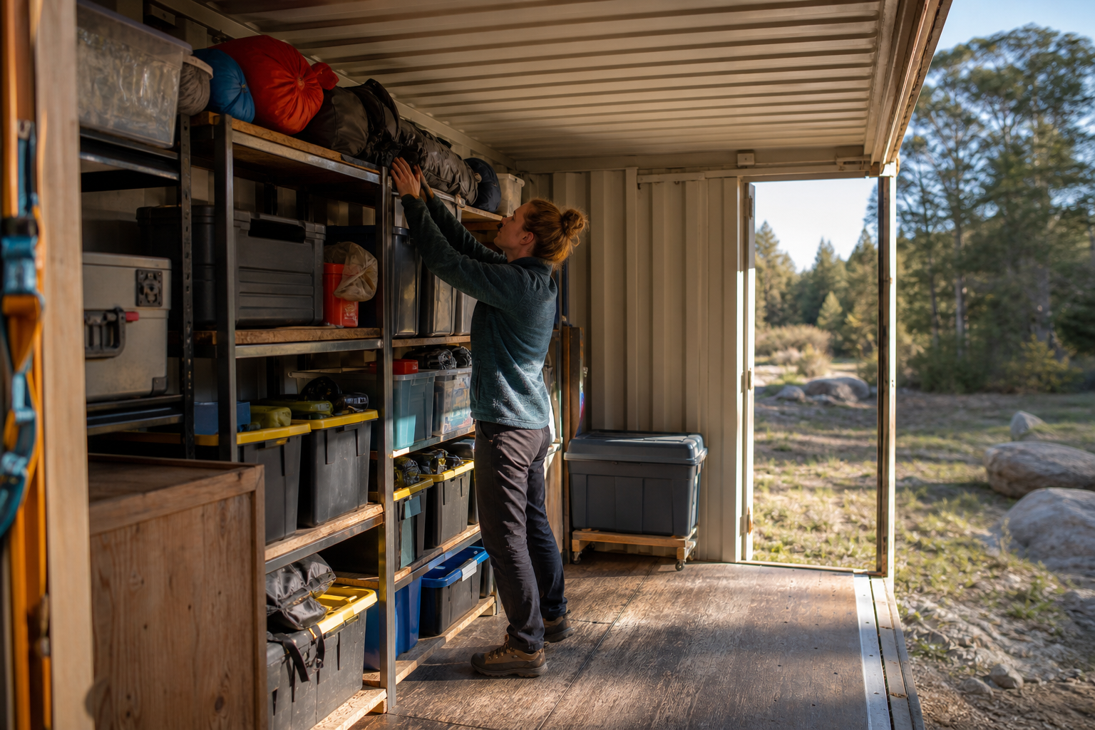 Person organizing tools and labeled bins inside an open shipping container storage unit