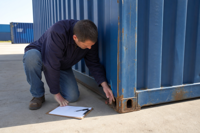 Customer inspecting shipping container corner castings and understructure before purchase