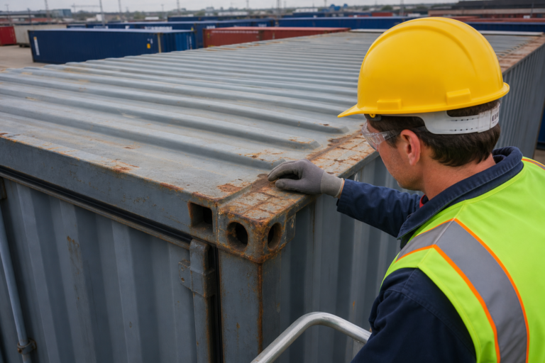Inspector checking a shipping container roof and top rails for dents and rust