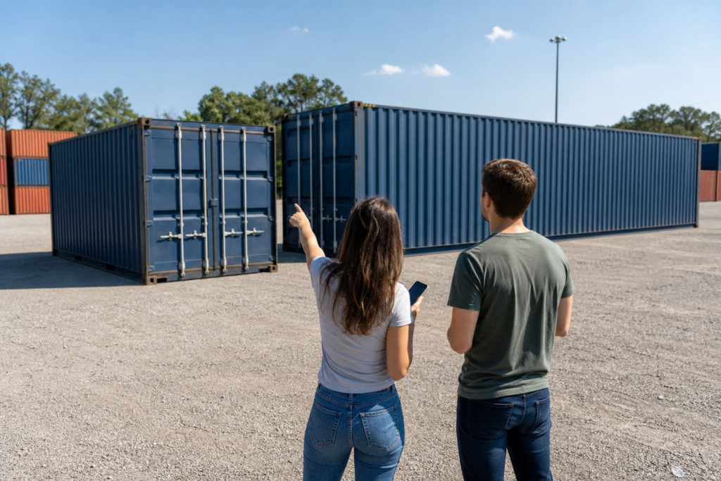 Buyers comparing a 20ft and 40ft shipping container side by side in a yard