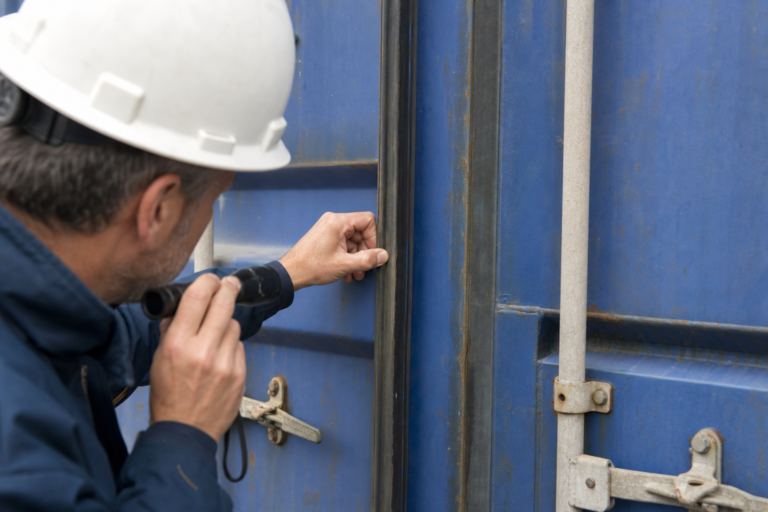 Inspector checking shipping container door rubber seals and locking bars