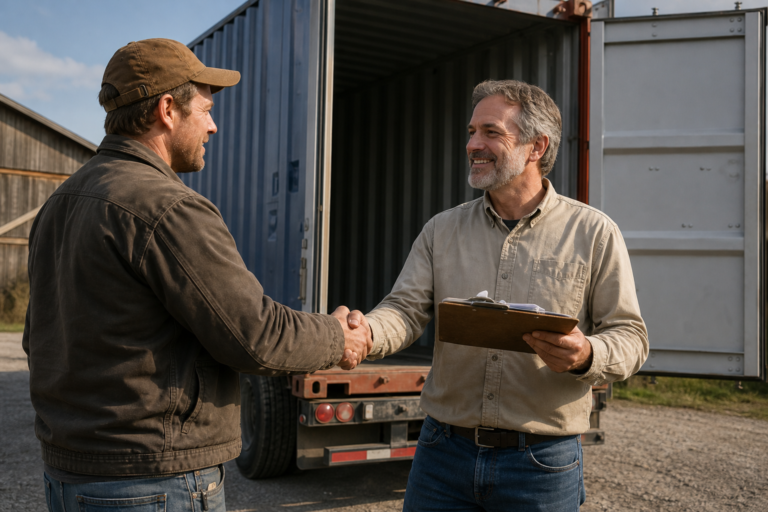 Customer and driver completing delivery paperwork beside open shipping container doors