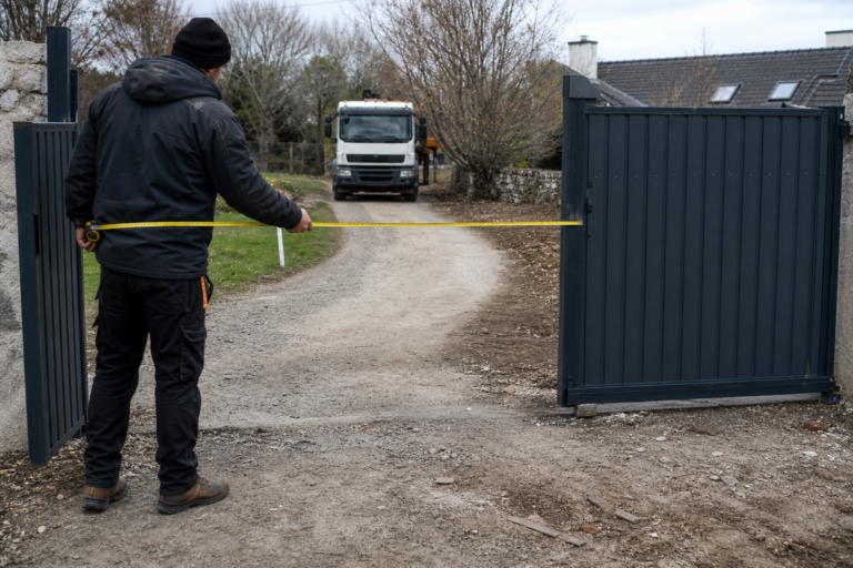 Person measuring gate width to confirm site access before shipping container delivery