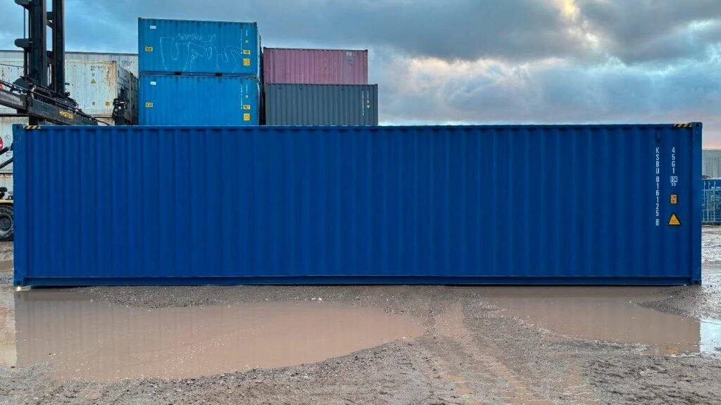 Exterior view of a 40 foot sea container showing its steel construction and full length.