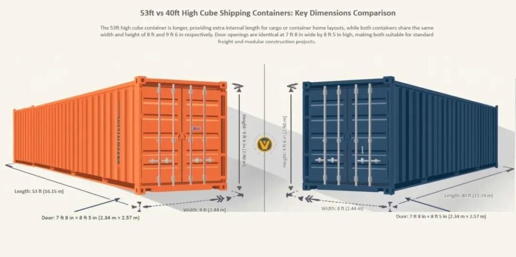 a comparism image between 53 foot and a 40 foot conainer
