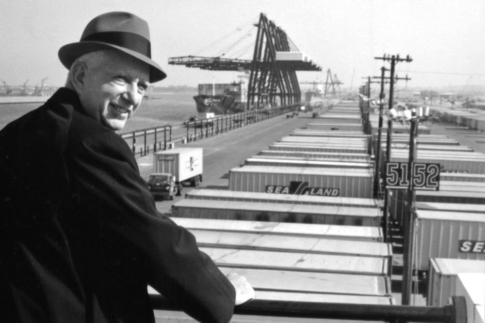 Malcolm McLean and the history of metal shipping containers in 1956.