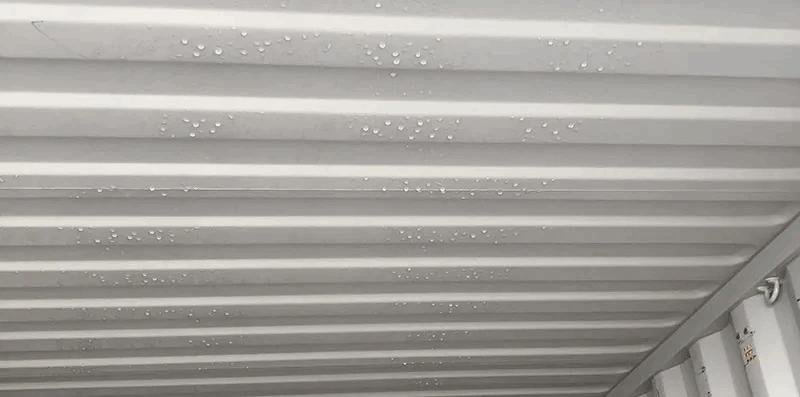 Water droplets forming on a steel shipping container interior due to condensation.