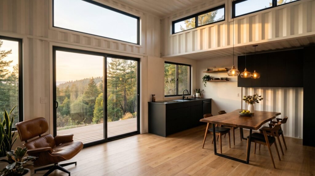 Bright modern shipping container home interior with compact kitchen, living room, large windows, and built-in storage.
