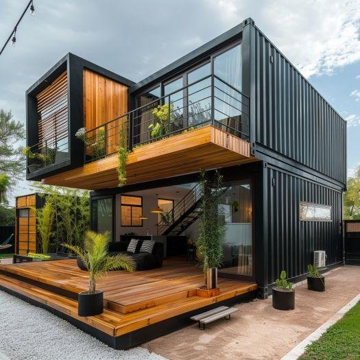 Modern shipping container home with large windows, wood exterior accents, landscaping, and a contemporary residential design