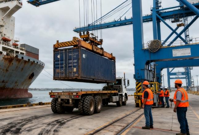 Shipping containers unloaded at an international shipping port.