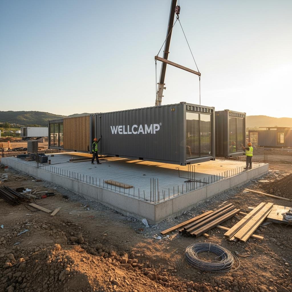 Shipping container being positioned on properly prepared foundation supports at a residential building site.