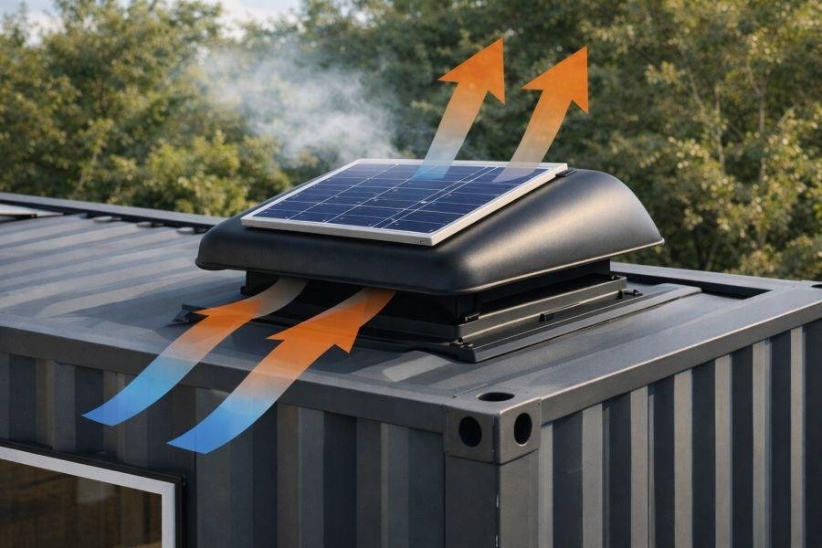 Solar-powered exhaust fan used to improve airflow inside a shipping container.