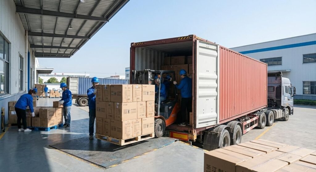 Truck transporting a 20 foot sea container for delivery